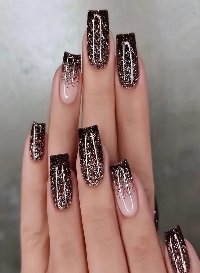 SINHOT Square Press on Nails Medium Fake Nails Glossy Glue on Nails Bling Glitter Acrylic Nails Squoval Artificial Nails Black Gradient Stick on False Nails with Design 24 pcs - Image 1